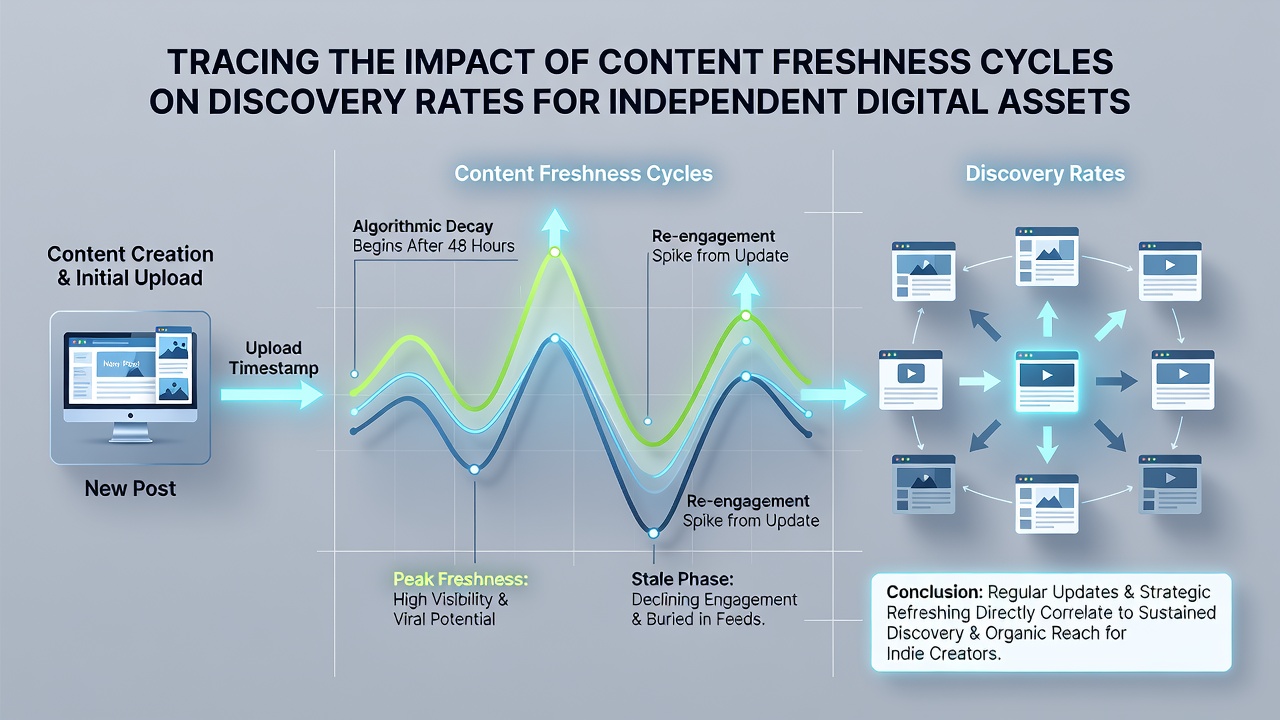Chart comparing discovery metrics before and after scheduled content refresh cycles on standalone digital properties